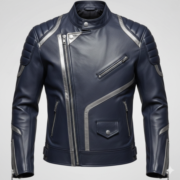 Navy Blue Racing Biker Leather Jacket with Silver Racing Stripes