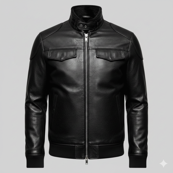 Black Dotted Leather Aviator Jacket for Men