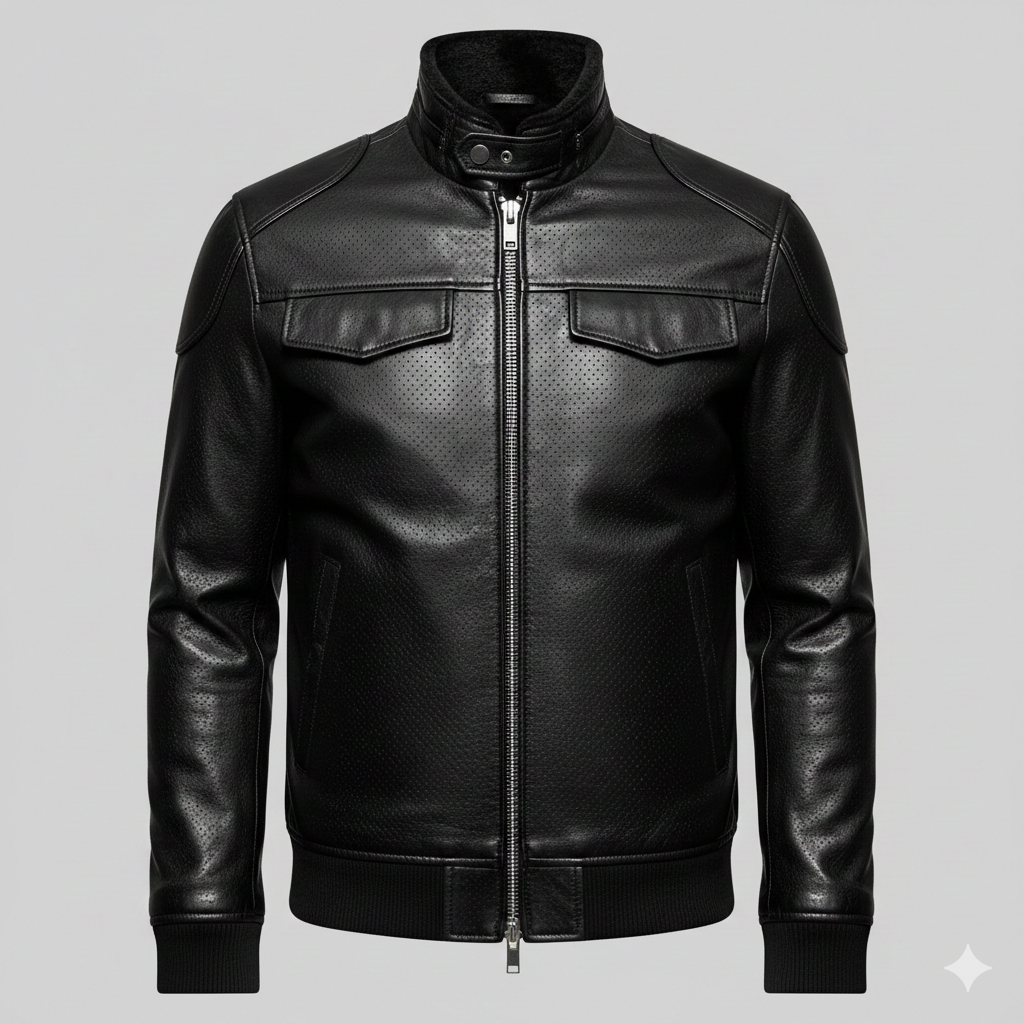 Black Dotted Leather Aviator Jacket for Men