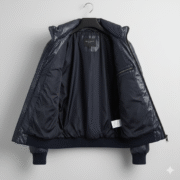 Men’s Dark Blue Leather Puffer Jacket with Quilted Bomber Look
