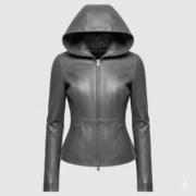 Women Leather Hooded Jacket Slim Fit Black Modern Outerwear