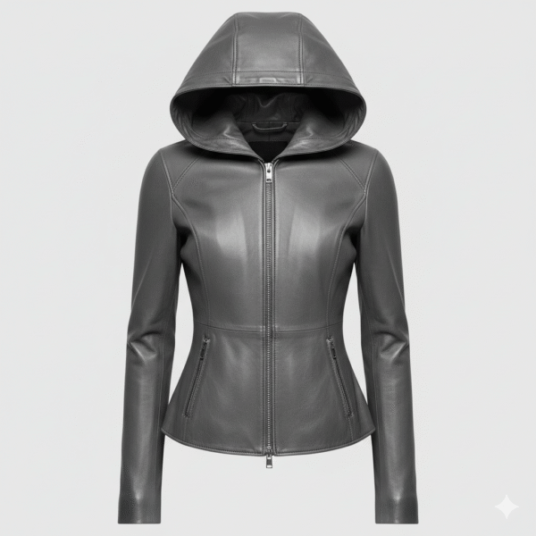 Women Leather Hooded Jacket Slim Fit Black Modern Outerwear