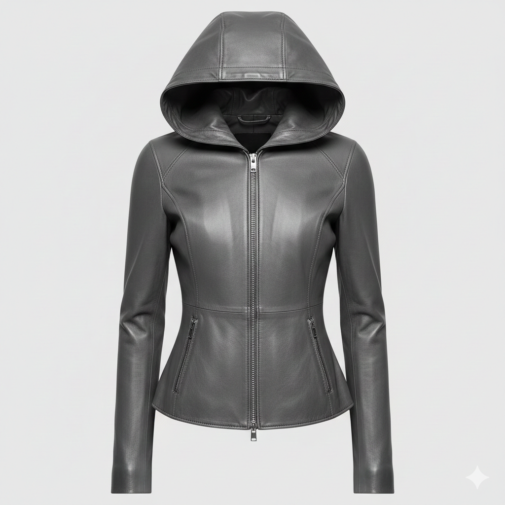 Women Leather Hooded Jacket Slim Fit Black Modern Outerwear