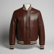 Brown Leather Varsity Jacket with Classic Ribbed Bomber Style