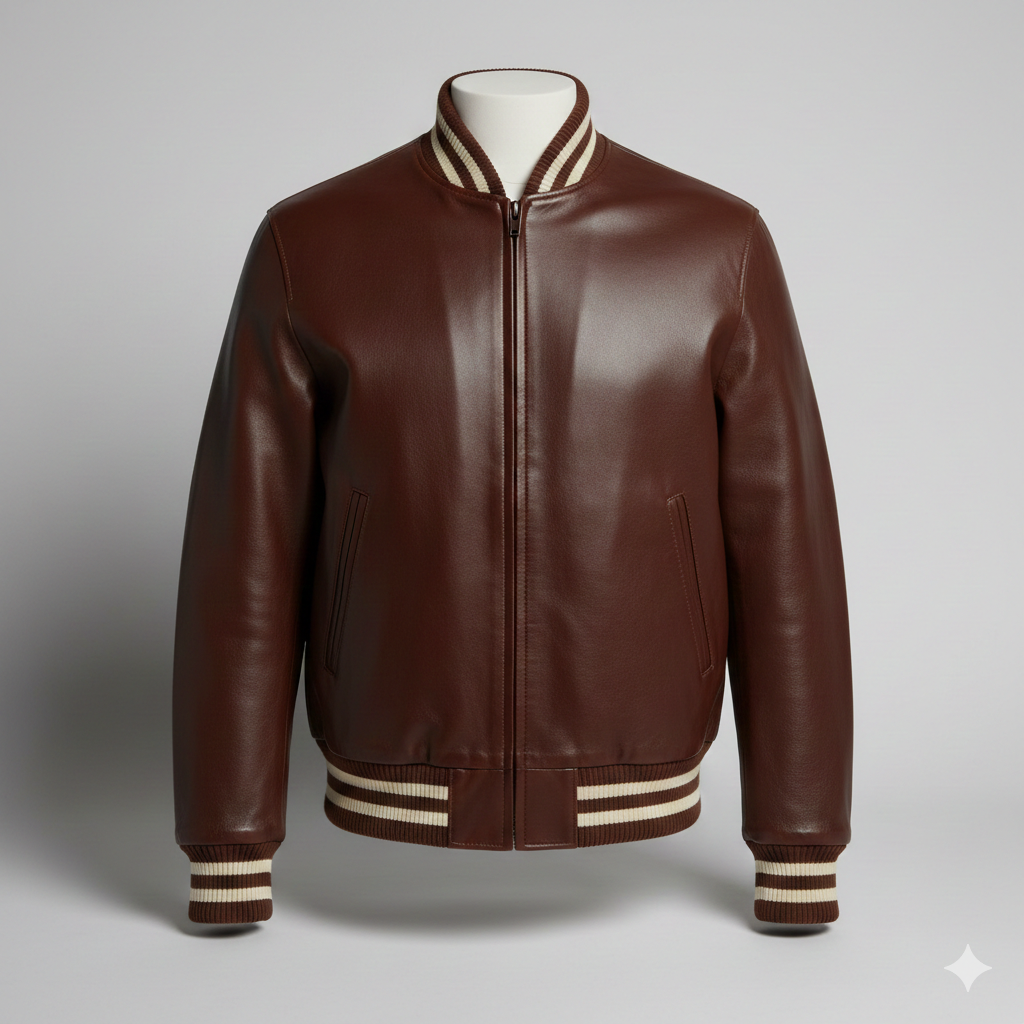 Brown Leather Varsity Jacket with Classic Ribbed Bomber Style