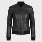 Dotted Black Leather Bomber Jacket for Women in Designer Style