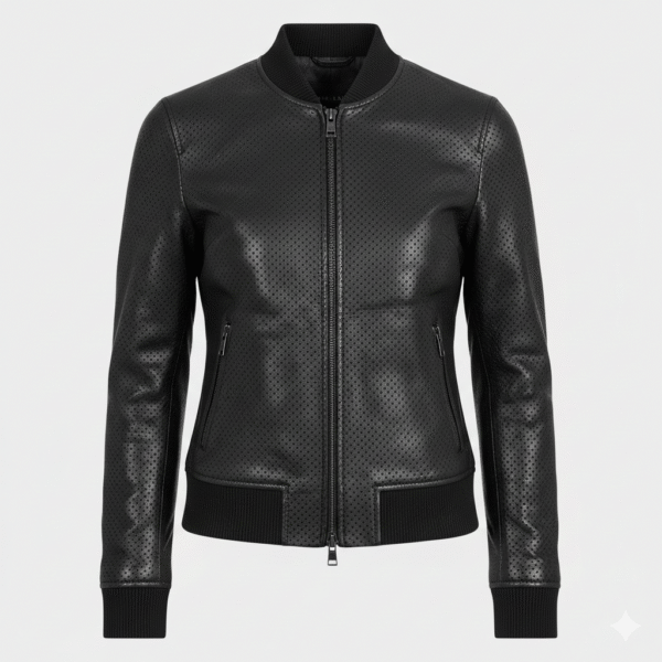Dotted Black Leather Bomber Jacket for Women in Designer Style