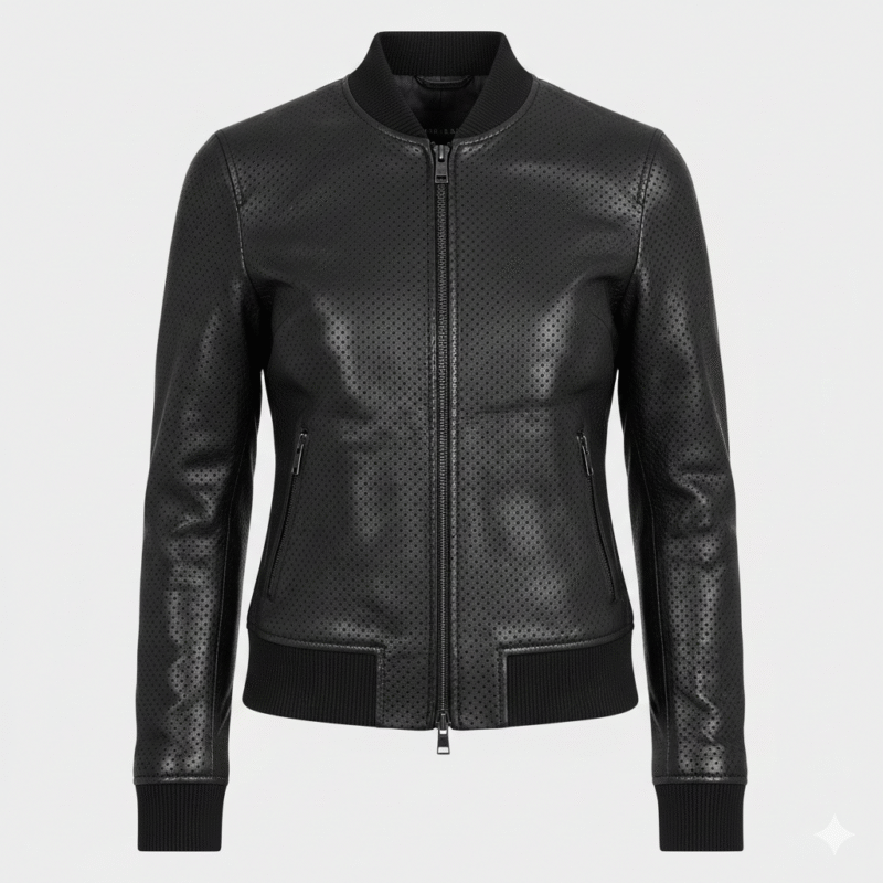 Dotted Black Leather Bomber Jacket for Women in Designer Style