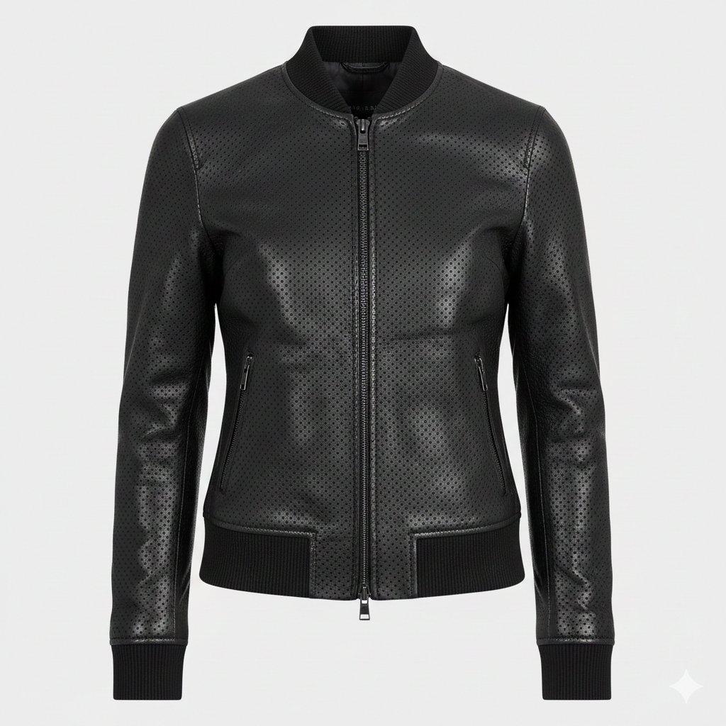 Dotted Black Leather Bomber Jacket for Women in Designer Style