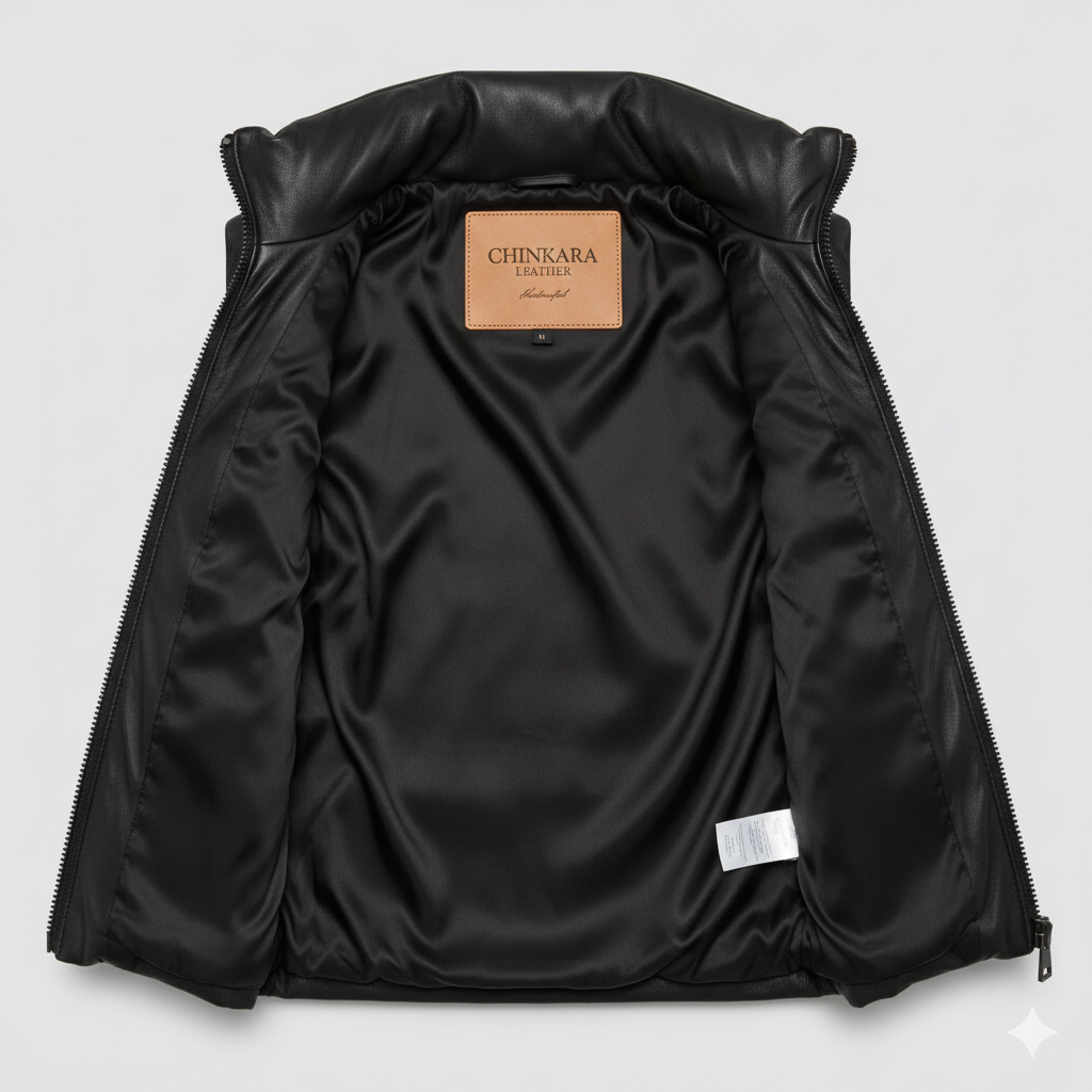 Black Leather Puffer Vest for Women Warm Sleeveless Design