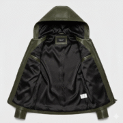 Leather Hooded Jacket for Women in Olive Green Stylish Fit