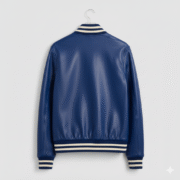 Men's Blue Leather Varsity Jacket with Ribbed Bomber Style