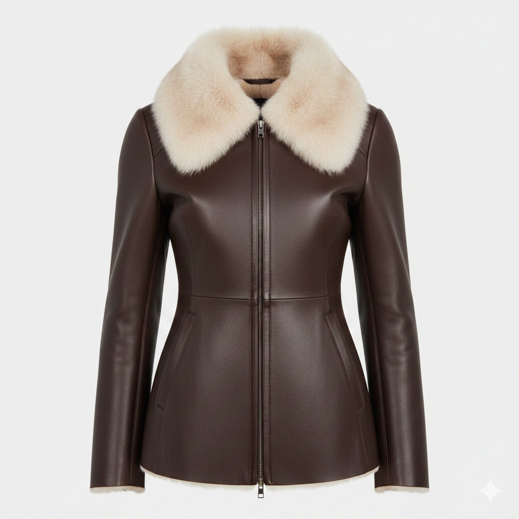 Dark Brown Shearling Fur Leather Jacket for Women