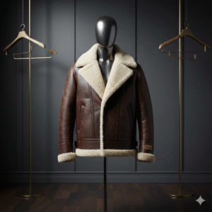 A luxury hero image of a premium shearling leather jacket displayed on a mannequin against a dark, elegant studio background. Soft directional lighting highlights the leather texture and plush wool lining. High-end fashion photography style, premium craftsmanship, winter luxury outerwear.