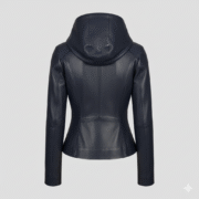 Leather Hooded Jacket for Women in Navy Blue Fitted Style