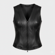 Women Black Leather Vest Zippered Fit V Neck High Quality
