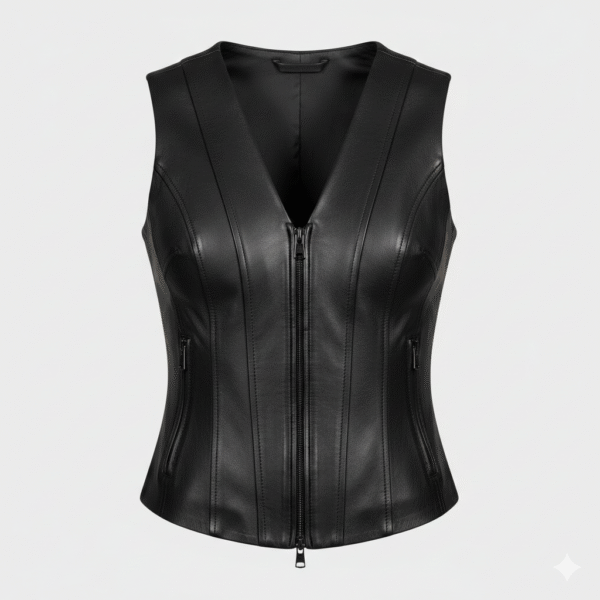 Women Black Leather Vest Zippered Fit V Neck High Quality