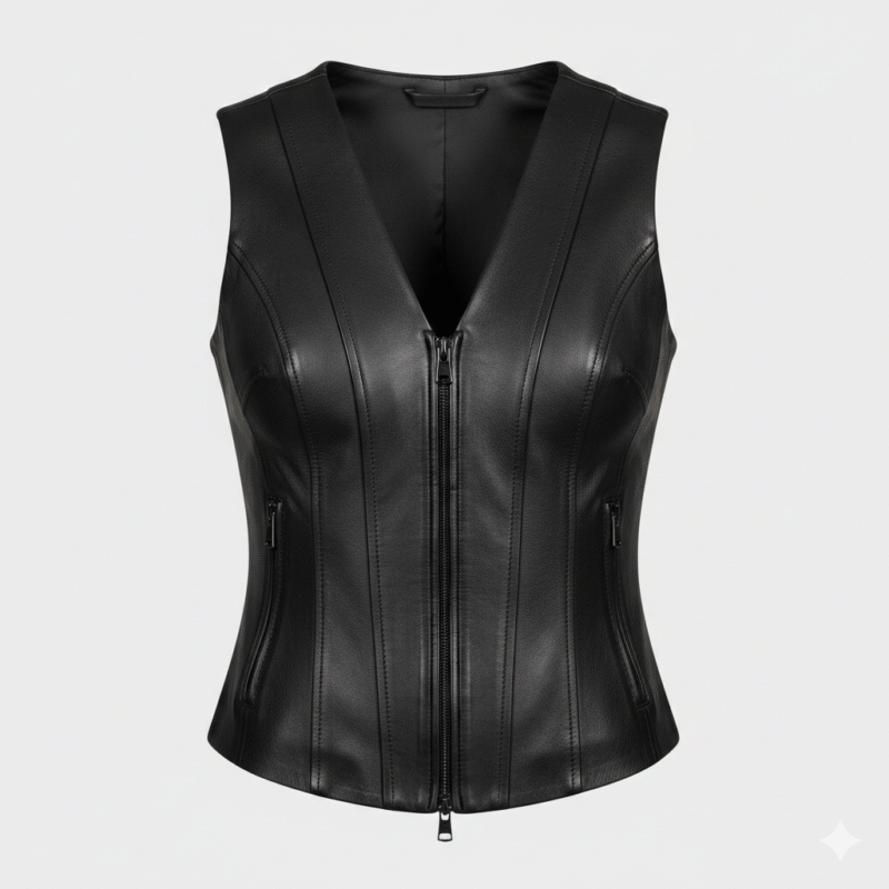 Women Black Leather Vest Zippered Fit V Neck High Quality