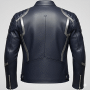 Navy Blue Racing Biker Leather Jacket with Silver Racing Stripes