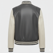 Women Leather Varsity Jacket Charcoal With Cream Contrast