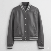 Women Leather Varsity Jacket Charcoal Grey Letterman Style