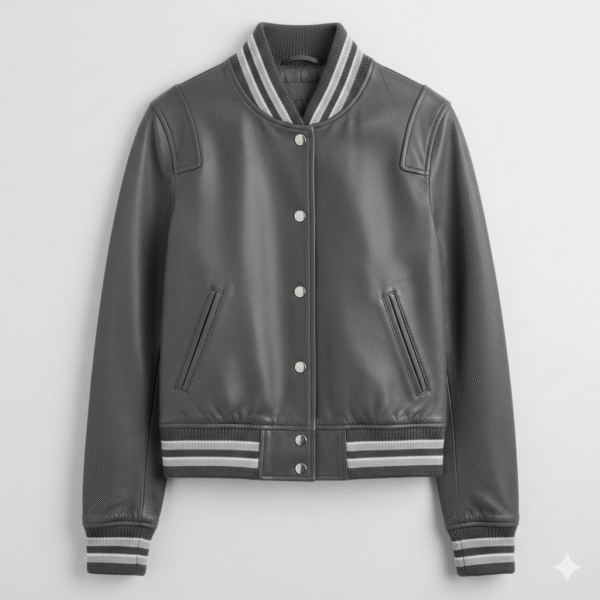 Women Leather Varsity Jacket Charcoal Grey Letterman Style