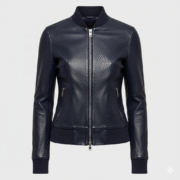 Navy Leather Bomber Jacket for Women with Feminine Fit