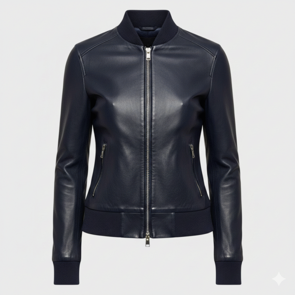 Navy Leather Bomber Jacket for Women with Feminine Fit