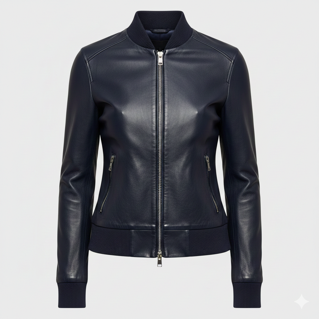 Navy Leather Bomber Jacket for Women with Feminine Fit