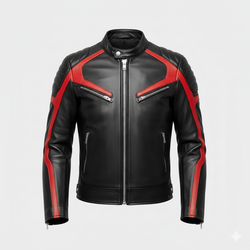 Black & Red Leather Biker Jacket Sport Racing Style