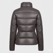 Charcoal Leather Puffer Jacket for Women Stand Collar Fit
