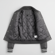 Women Leather Varsity Jacket Charcoal Grey Letterman Style