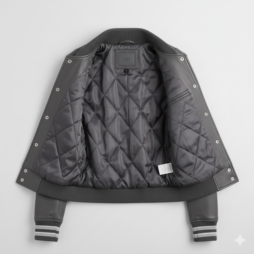 Women Leather Varsity Jacket Charcoal Grey Letterman Style