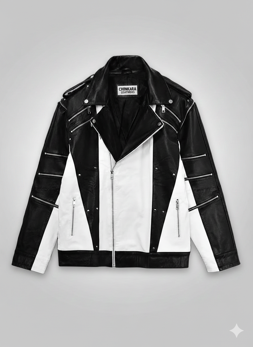 Michael Jackson Biker Jacket Black and White Genuine Leather