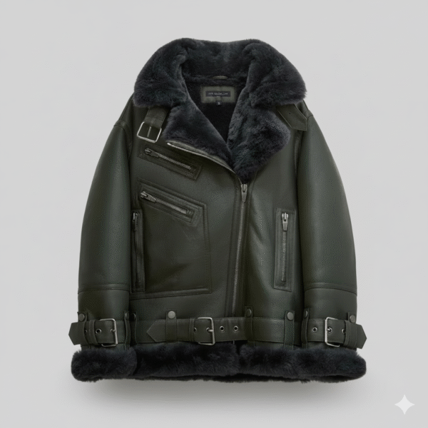 Dark Green Shearling Aviator Jacket Women Leather B3 Bomber