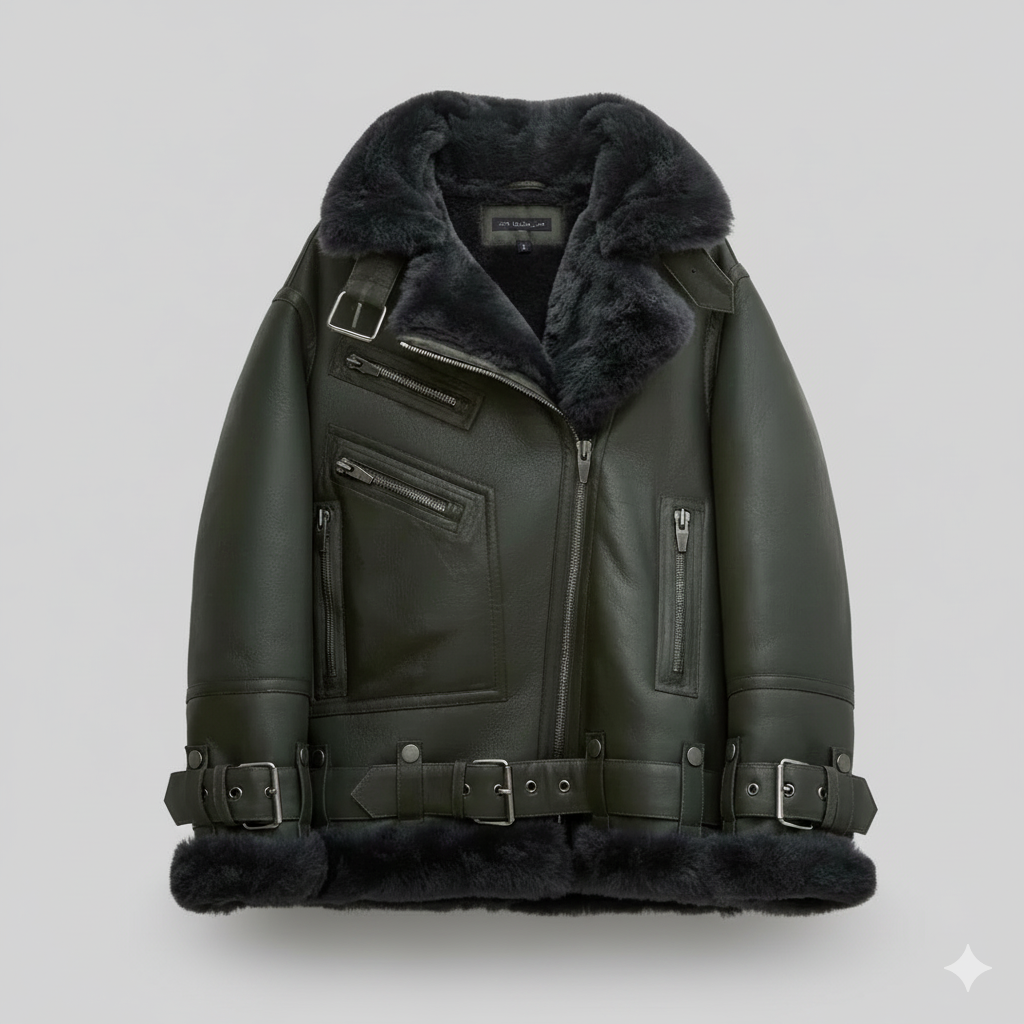 Dark Green Shearling Aviator Jacket Women Leather B3 Bomber