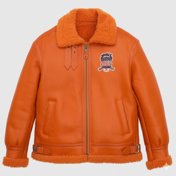 Orange Leather Shearling Bomber B3 Aviator Jacket For Men