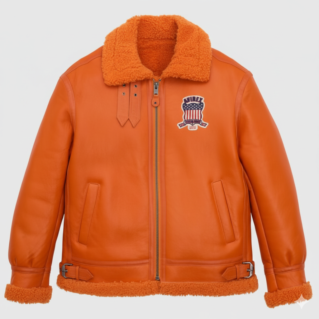 Orange Leather Shearling Bomber B3 Aviator Jacket For Men