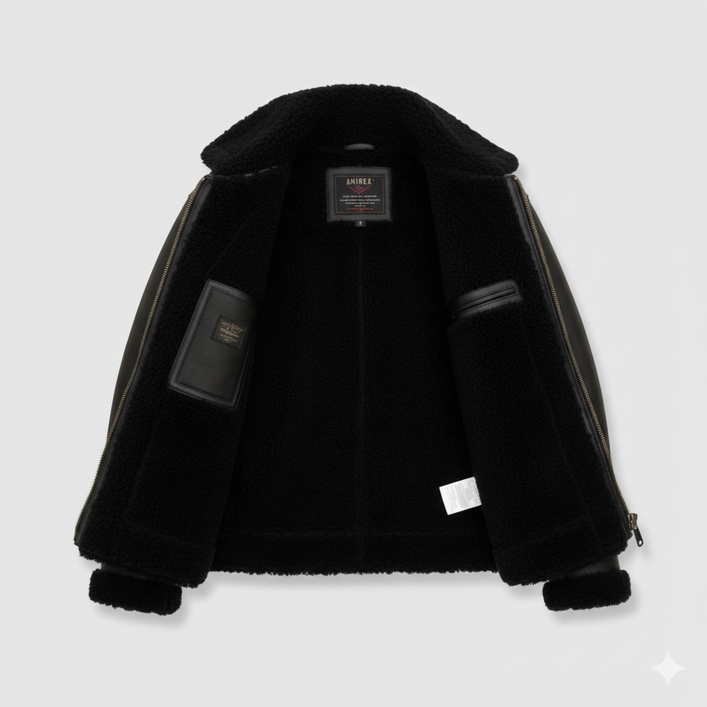 Avirex Men Black B3 Bomber Aviator Jacket with Shearling