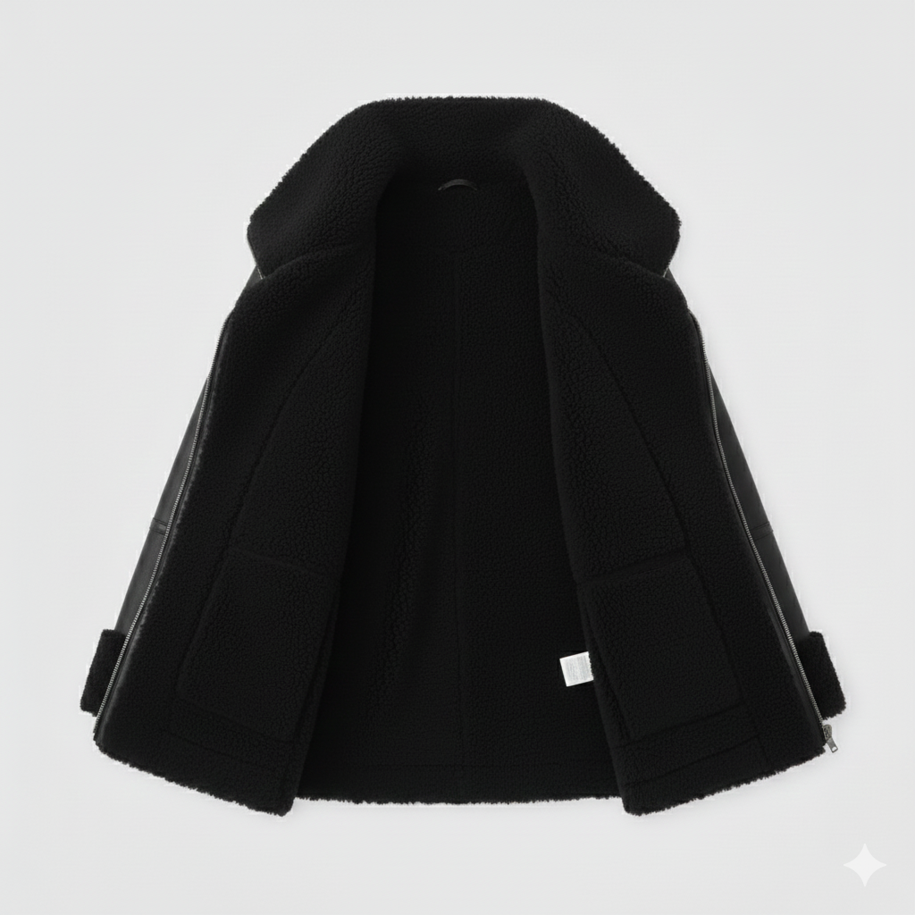 Black Shearling Leather Jacket Oversized Women Aviator Coat