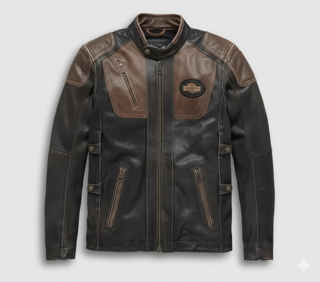 Vintage Brown Leather Biker Jacket Harley Davidson Back Patch
