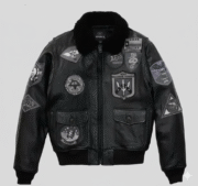 Mens Black Aviator Jacket with Patches and Black Faux Fur Collar