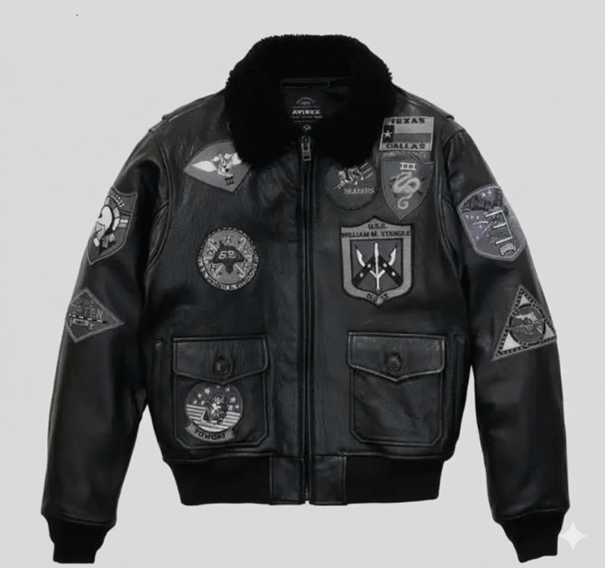 Mens Black Aviator Jacket with Patches and Black Faux Fur Collar