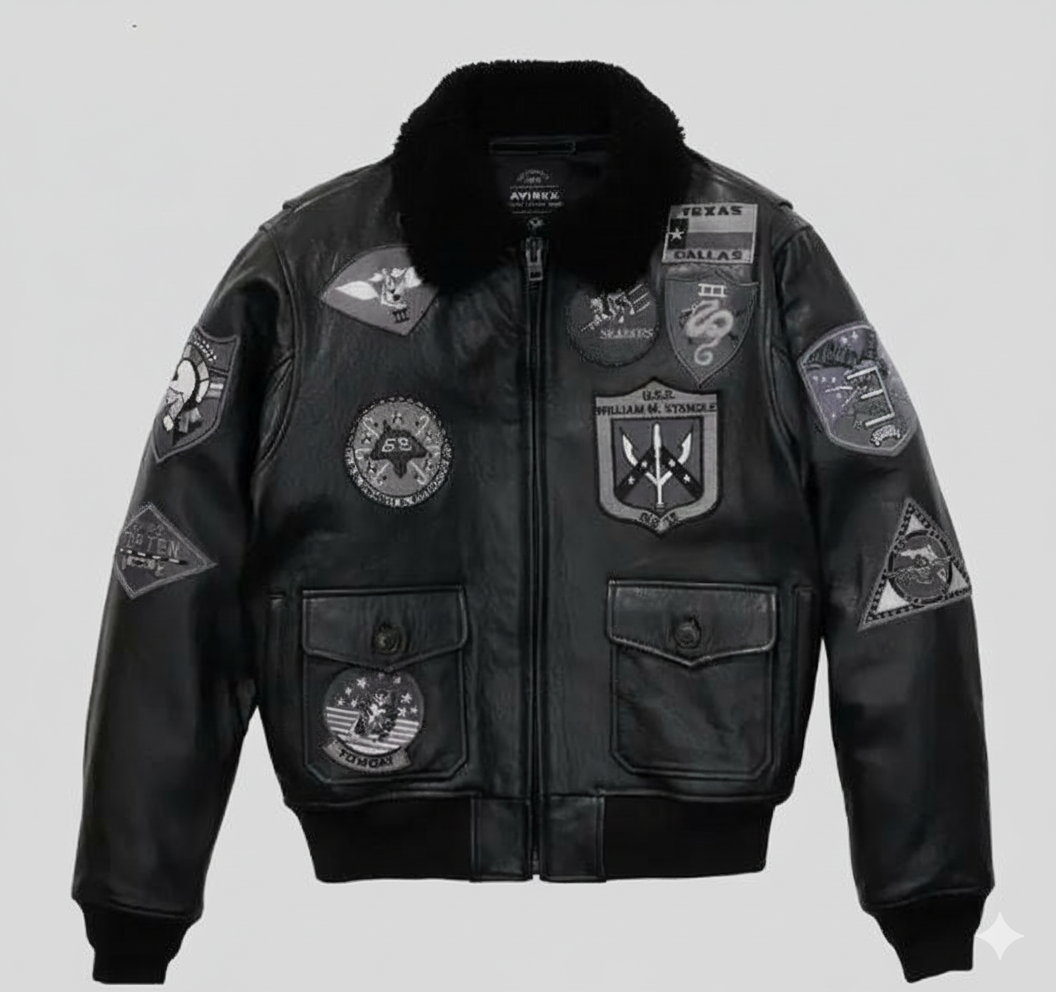 Mens Black Aviator Jacket with Patches and Black Faux Fur Collar