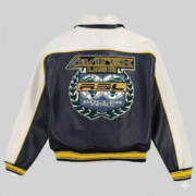 Avirex Mens Leather Varsity Jacket Navy Blue White Bomber Coat