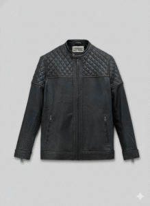 Black Leather Biker Jacket for Men with Quilted Shoulders