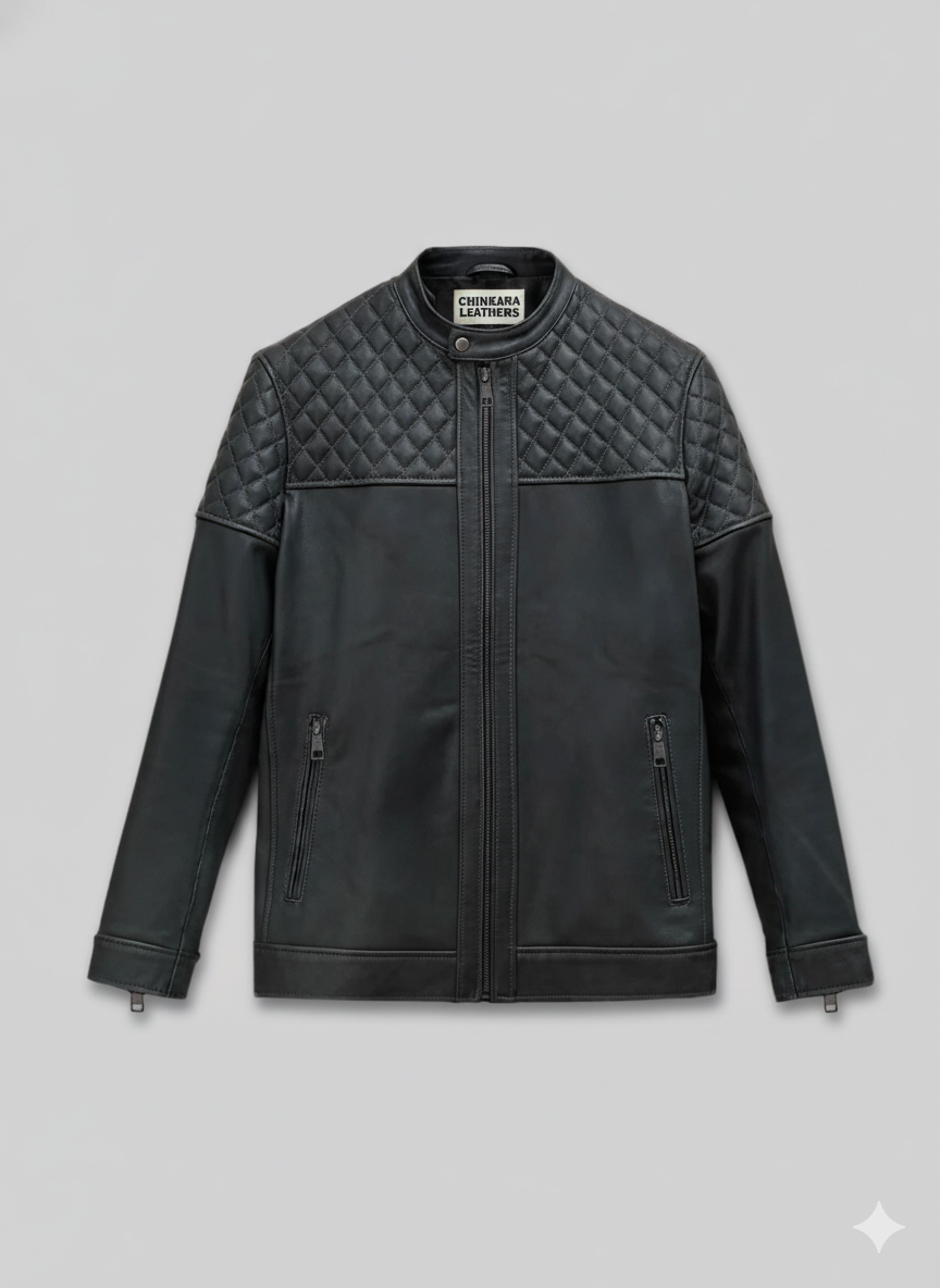 Black Leather Biker Jacket for Men with Quilted Shoulders