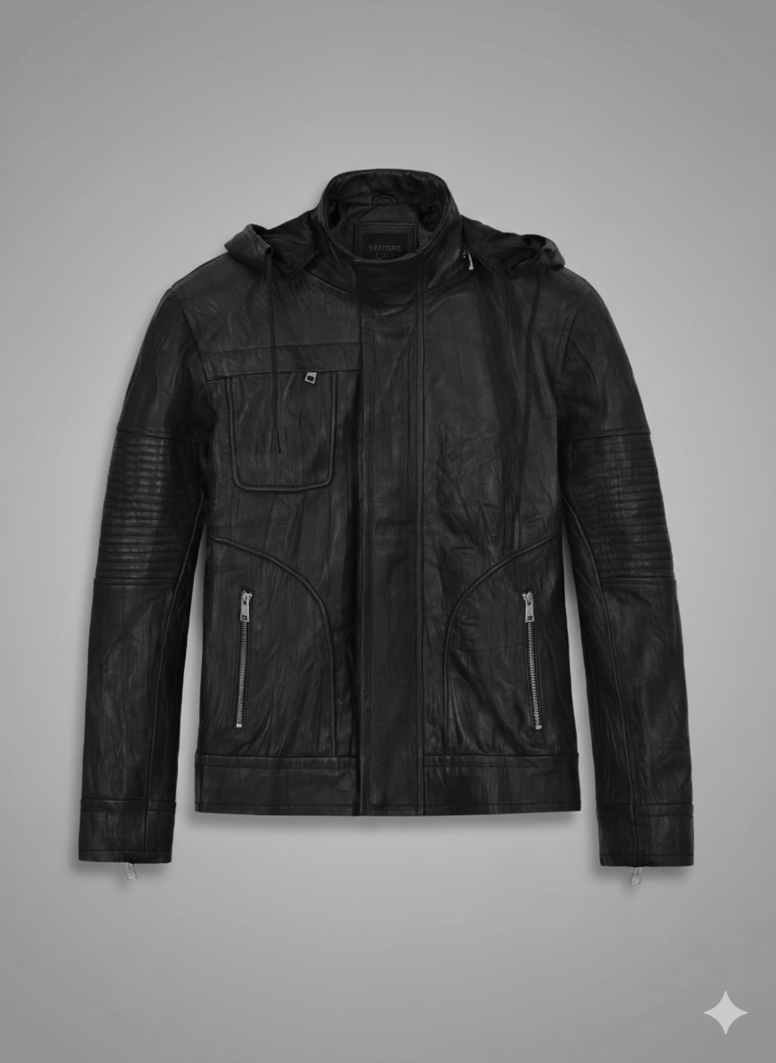 Ghost Protocol Leather Jacket Mens Slim Fit Black Hooded Biker