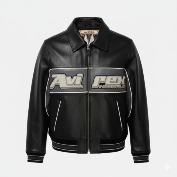 Avirex Leather Bomber Jacket Men Black Racing Outerwear