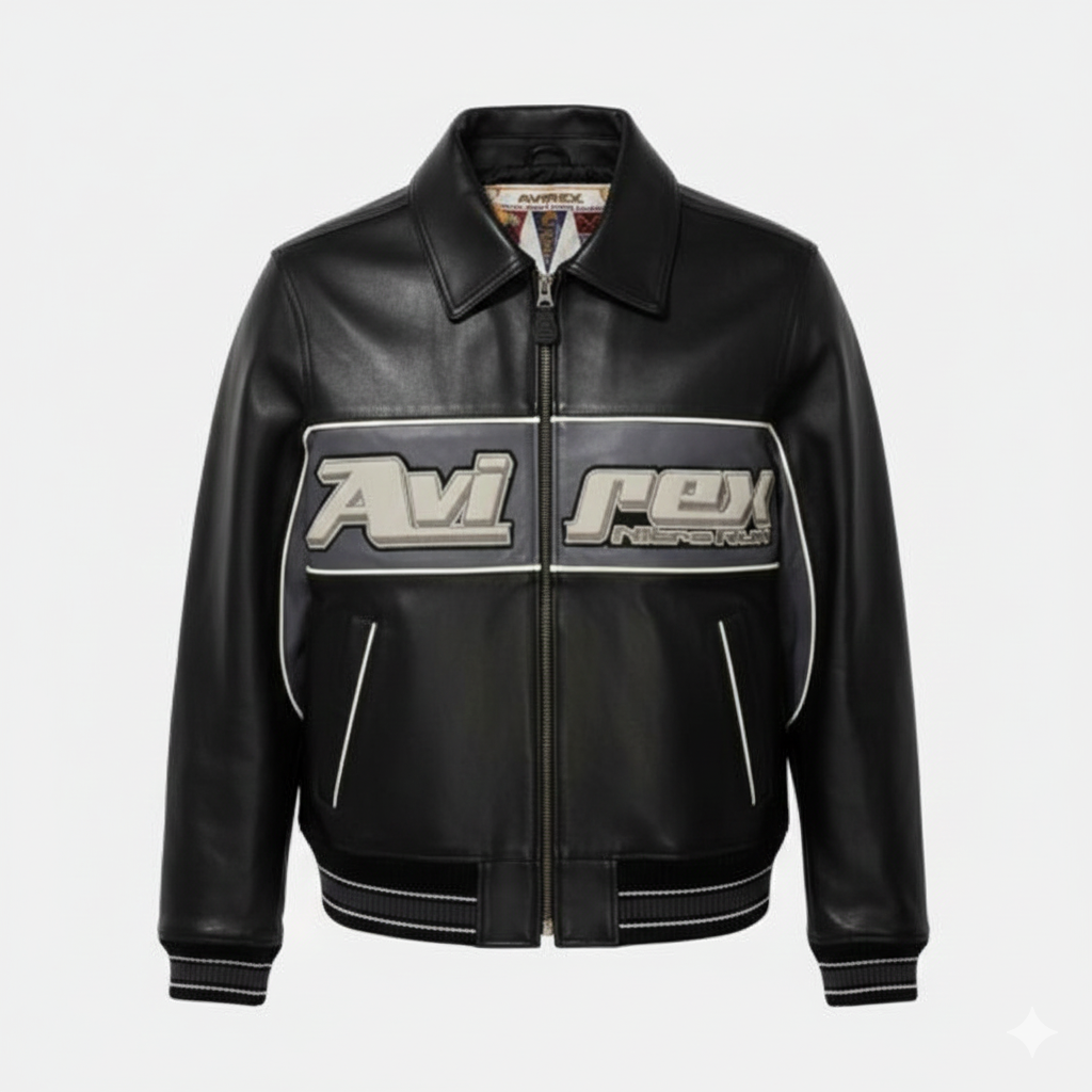 Avirex Leather Bomber Jacket Men Black Racing Outerwear